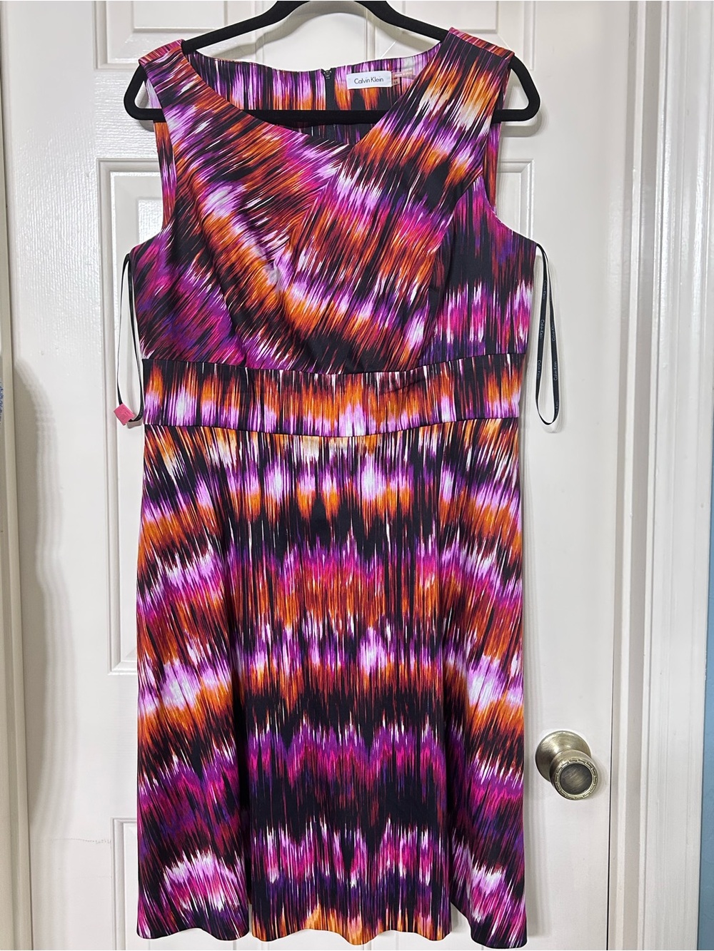 Calvin Klein Purple Pink Orange Patterned Sleeveless Dress with pockets Sz 14